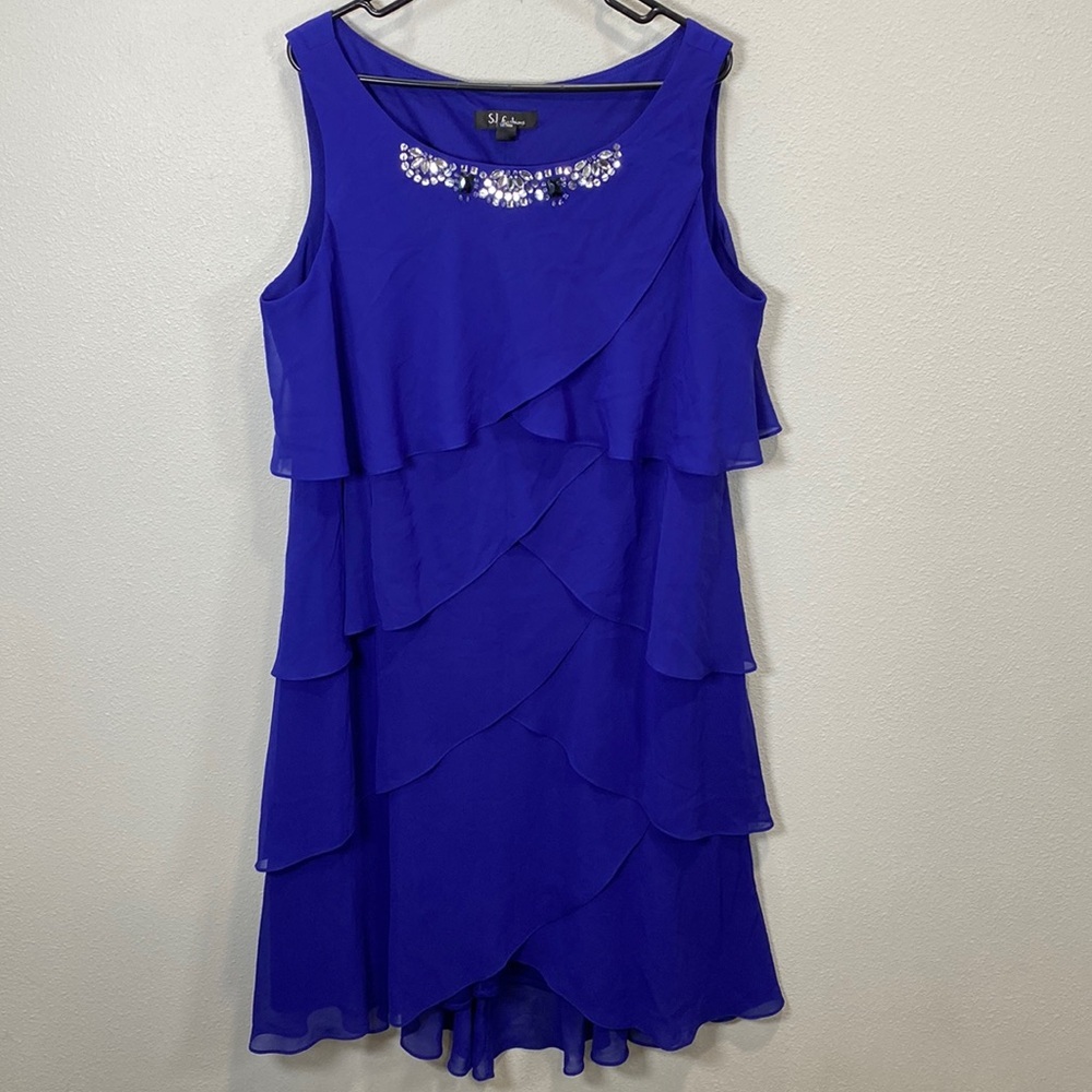 SL Fashions blue tiered dress embellished neckline